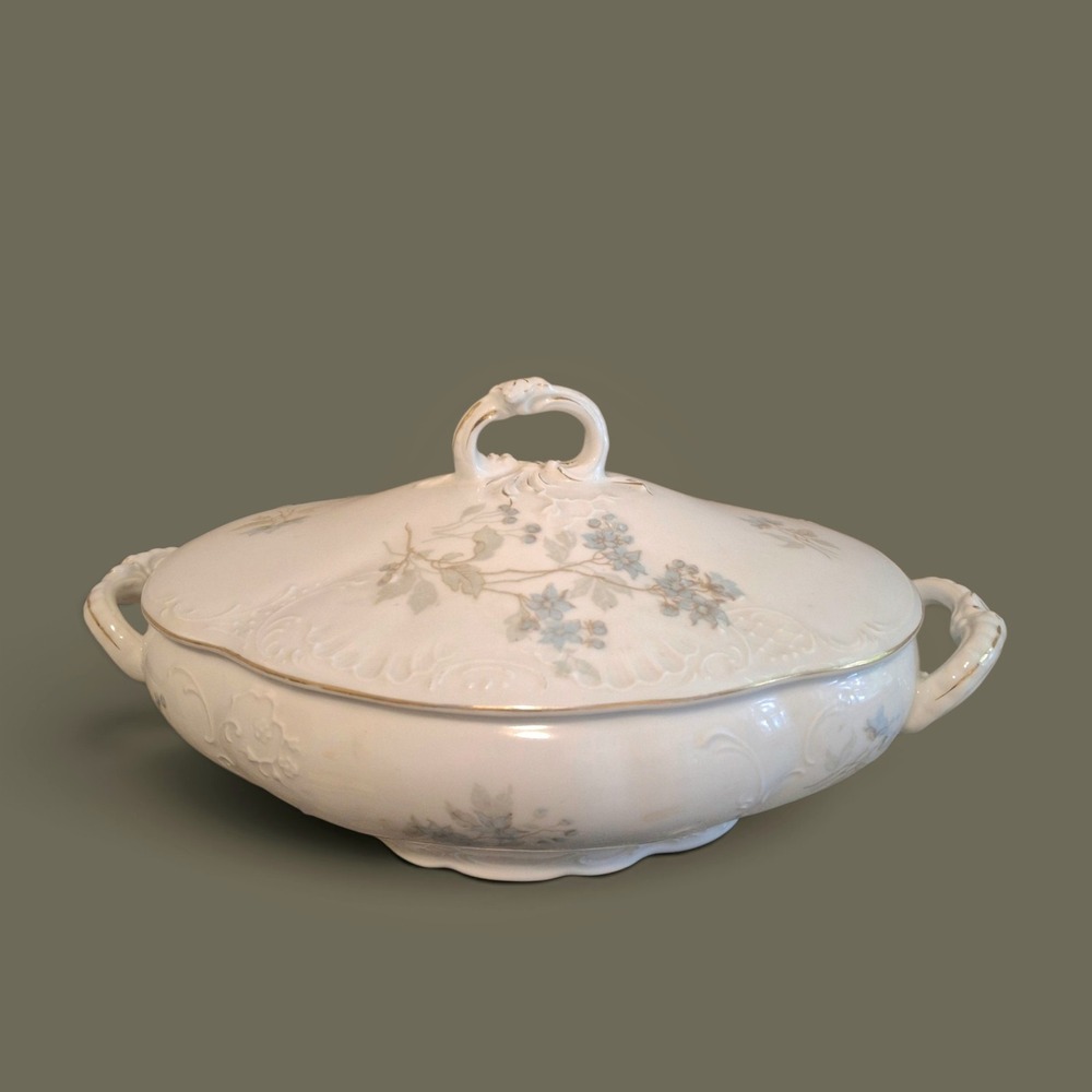 Antique Porecelain Oval Covered Vegetable Bowl Floral England c 1880